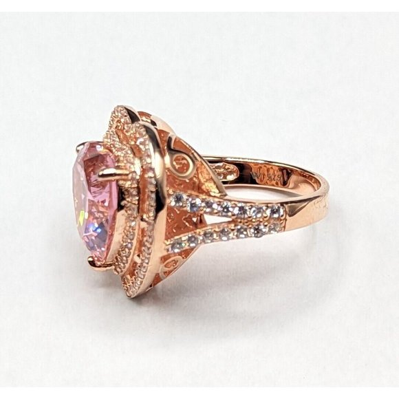 Designer Signed W Sterling Silver 925 Rose Gold Plated Pink Heart Halo Ring Sz 6 - Picture 3 of 12